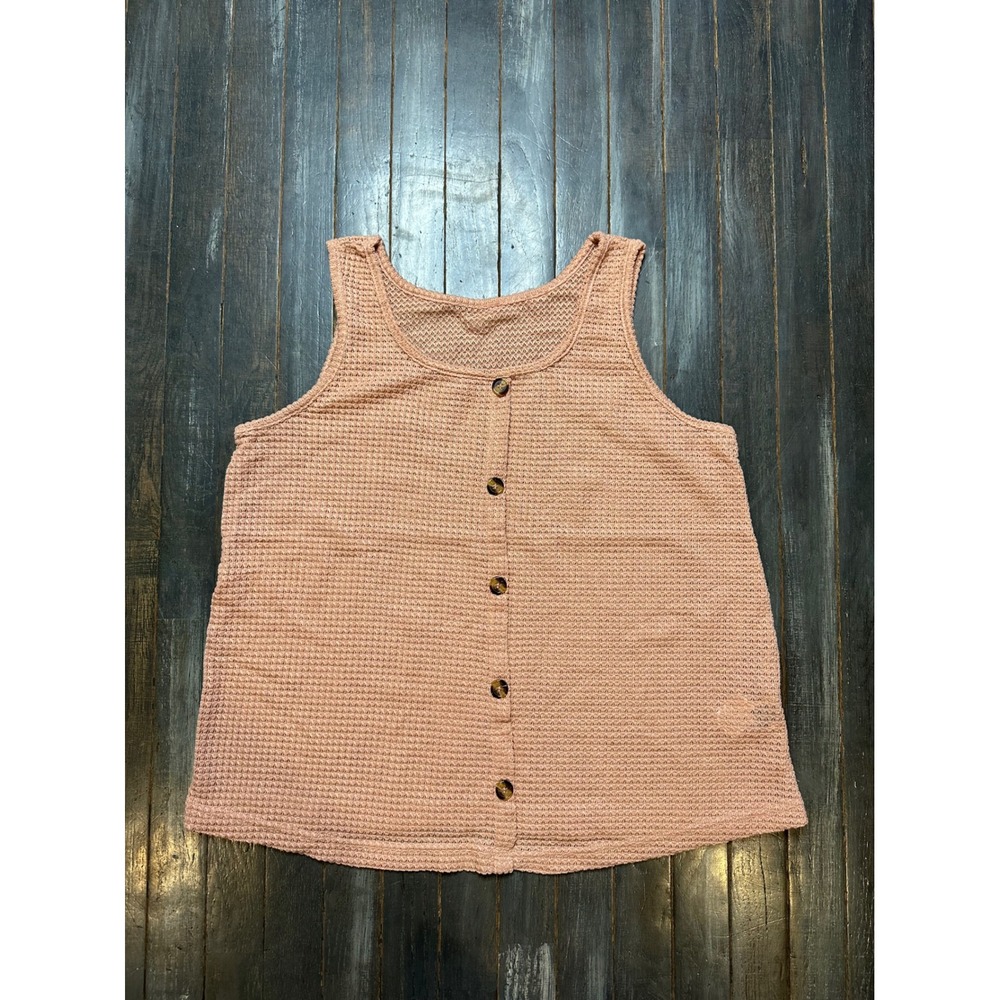 Waffle Knit Button Front Tank Top Dusty Rose Pink Sleeveless